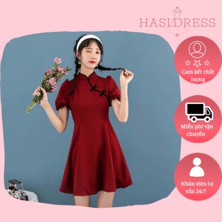 Đầm đỏ sườn xám dáng xoè như hình chiều dài 88cm ( chụp cận cảnh chất vải xịn)