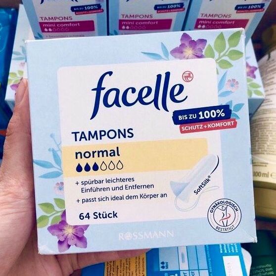 Băng vệ sinh dạng ống Tampon Facelle Đức 3 giọt siêu êm hộp 64 miếng - Hàng nội địa Đức có bill