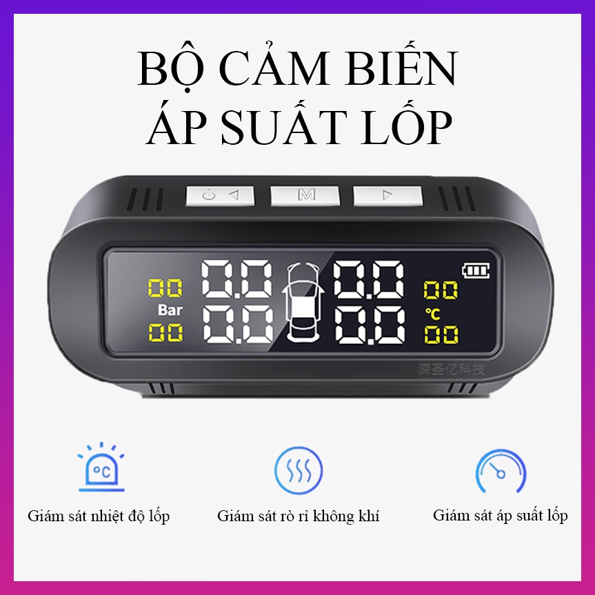 Bộ đo áp suất lốp oto màn hình LCD, dùng năng lượng mặt trời, tuổi thọ 5 năm - C1002