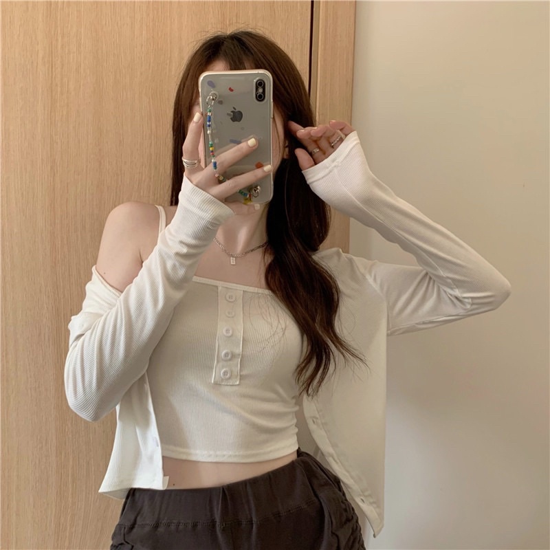 Set Áo Hai Dây Nữ Dáng Croptop + Áo Khoác Thun Gân Dáng Croptop Nữ Tính Summer 2022