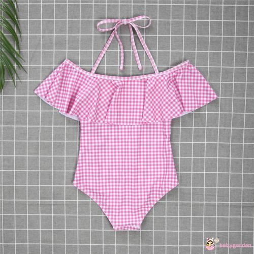 E.A-2019 Parent-child Swimsuit Mom Kids Checkered Leotard Bikini Beach Swimwear