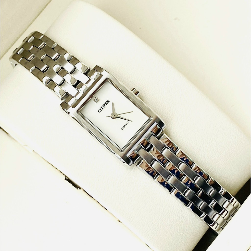 Đồng hồ Nữ chính hãng Citizen Quartz EJ6121-51D Mặt vuông,trắng-Máy Pin-Dây kim loại cao cấp-Size 18mm