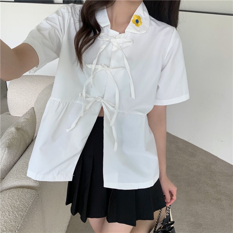 Áo Sơ Mi Cổ Búp Bê Tay Ngắn Thắt Dây Thời Trang Mùa Hè Mới Cho Nữ