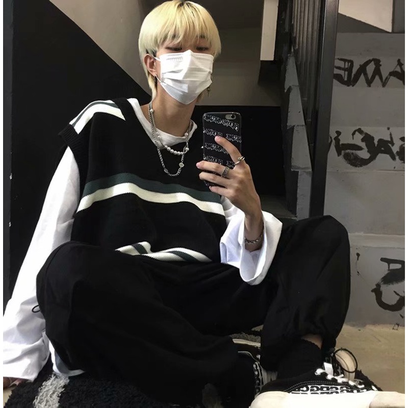 Áo Sweater dệt kim không tay cổ chữ V dáng rộng phong cách Retro Hàn Quốc thời trang cho nam và nữ