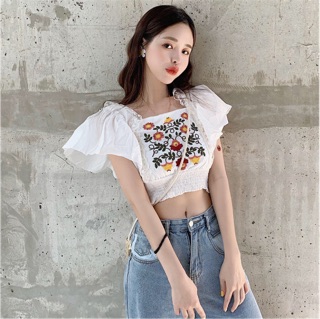 Áo Crop Top tay cánh tiên thêu hoa dễ thương Ulzzang