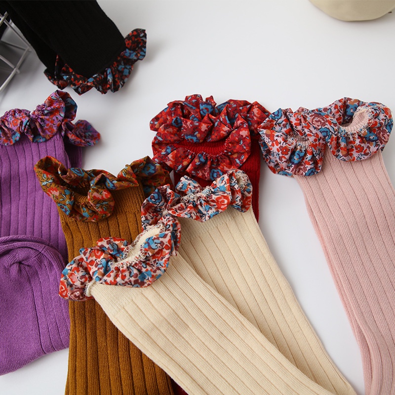 Vớ Cotton Ống Dài Hai Lớp Thêu Ren Hoa Màu Trơn Họa Tiết Hoạt Hình Tai Gỗ Dành Cho Bé Gái