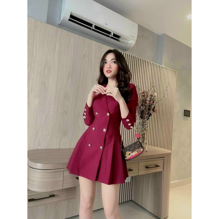 Sét Váy Đầm Nữ Cổ Vest Dài Tay Cài Nút Phối Nhiều Nút Thiết Kế Form Dáng Xòe Chữ A