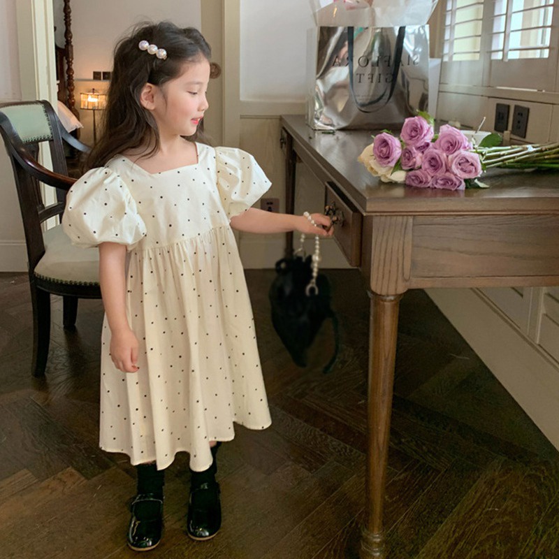 Đầm Công Chúa Tay Phồng Đính Nơ Họa Tiết Chấm Bi Kiểu Hàn Quốc Thời Trang Mùa Hè Cho Bé Gái Se7