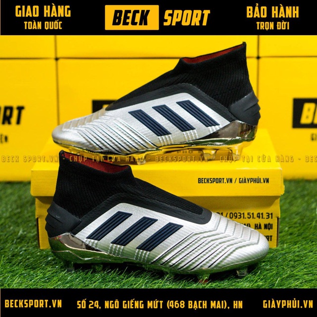 Giày Bóng Đá TQ Adidas Predator 19+ Bạc Vạch Đen Không Dây Cao Cổ FG