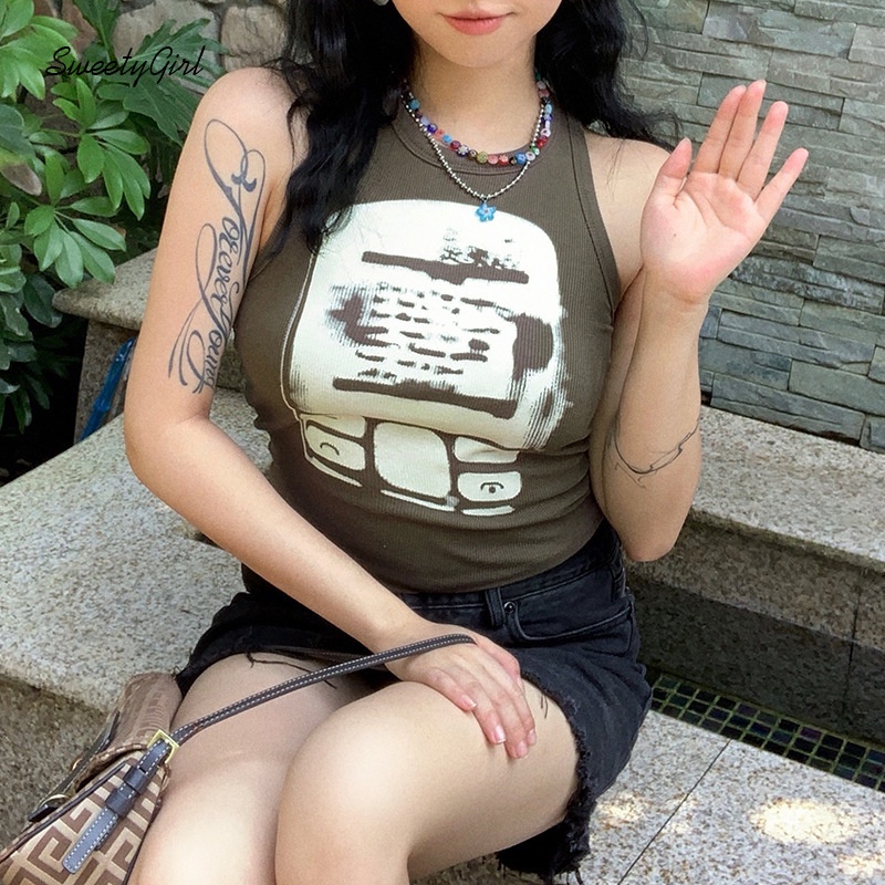 Áo sát nách cổ tròn dáng ôm in họa tiết điện thoại độc đáo thời trang cá tính cho nữ