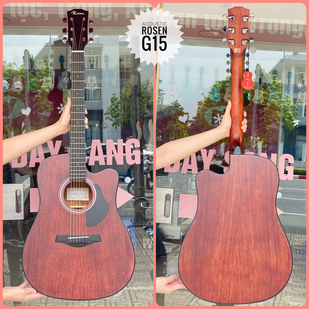 Đàn Guitar Acoustic Rosen Nâu G15 Gỗ Thịt Tặng kèm full phụ kiện