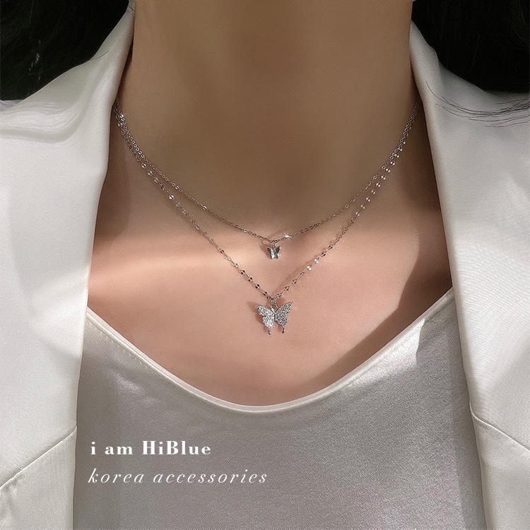 Vòng cổ hai lớp mặt hình bướm đính đá Zircon lấp lánh thời trang cho nữ