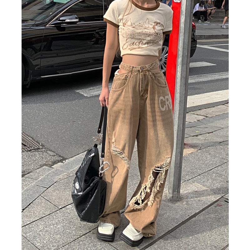 Quần Jeans Nữ Lưng Cao Ống Rộng Rách Gối Thời Trang