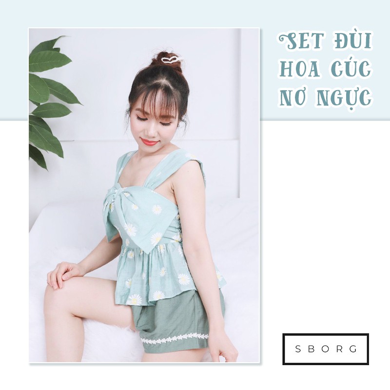 Quần áo thời trang SBORG set đồ nữ đi chơi xô hàn áo 2 dây nơ ngực hoa cúc freesize dưới 57kg quà tặng vợ