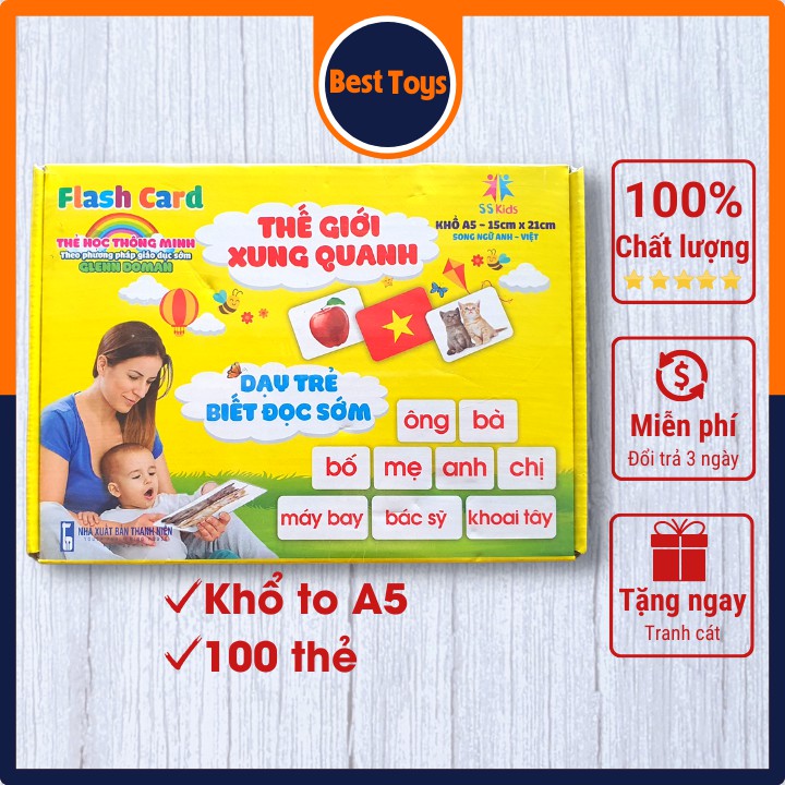 Bộ thẻ học thông minh song ngữ Glenn Doman, loại to A5, dạy bé nhận biết thế giới xung quanh, đồ chơi thông minh