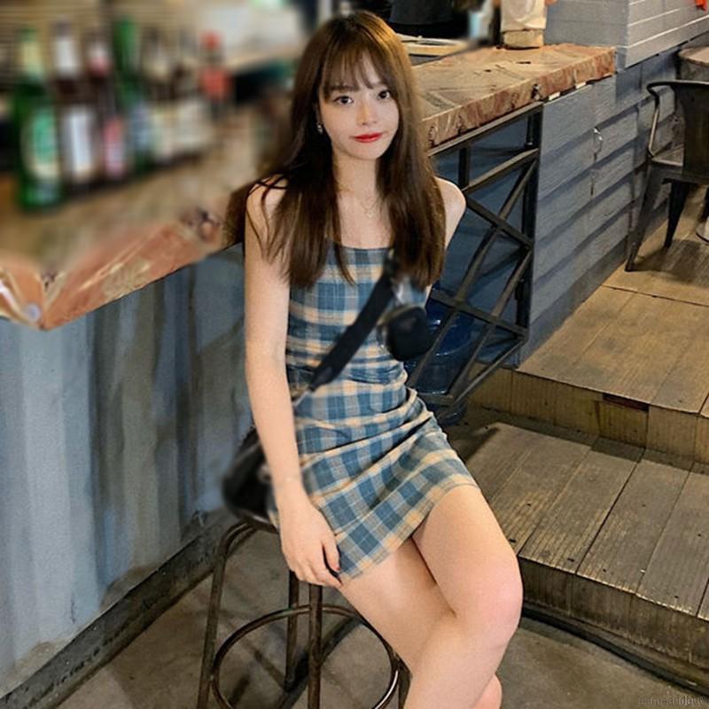 Đầm Nữ Hai Dây Họa Tiết Caro Phong Cách Retro Hàn Quốc