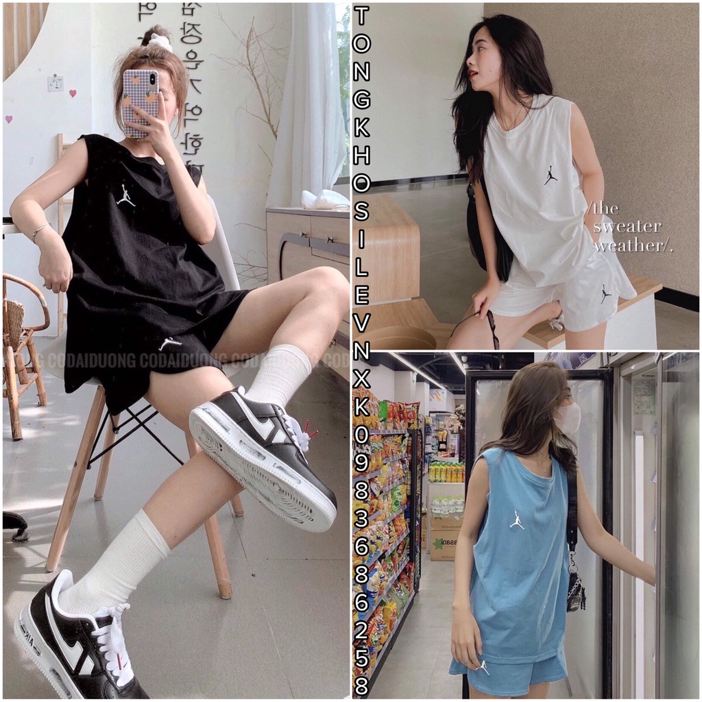 Bộ Jor Thể Thao Sát Nách Áo TankTop Quần Sooc Cạp Chun - Set Đồ Áo Quần Short Thêu Họa Tiết 3 Màu Xanh Trắng Đen