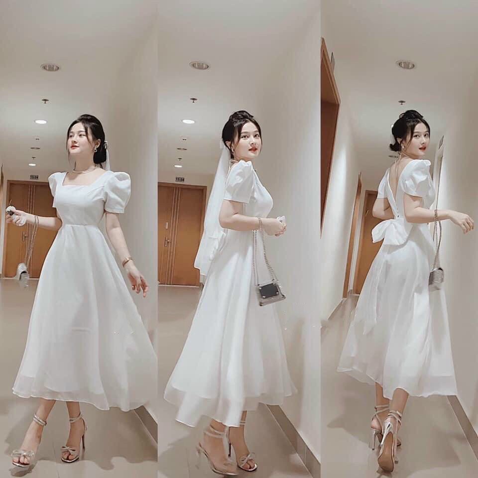 Đầm dự tiệc Thaingashop đầm trắng cổ vuông tay phồng dáng xòe vải phi kèm lưới mặc đi tiệc cưới, mặc đi chụp hình D0260