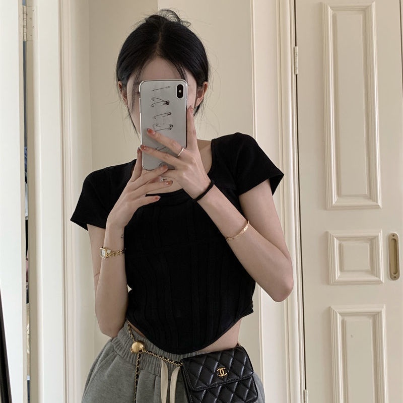 COZOK Áo Thun Ngắn Tay Cổ Vuông Dáng Ôm Hở Eo Xinh Xắn Thời Trang