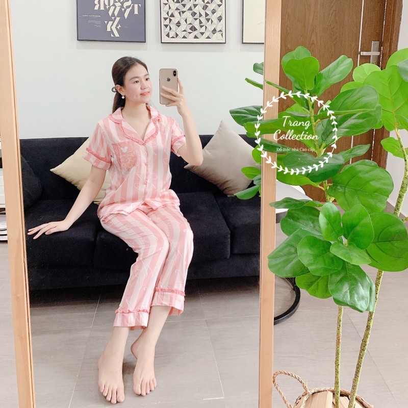 Đồ ngủ Pijama, đồ mặc ở nhà chất mát màu hồng hoạ tiết sọc sang chảnh ( video thật, ảnh thật )