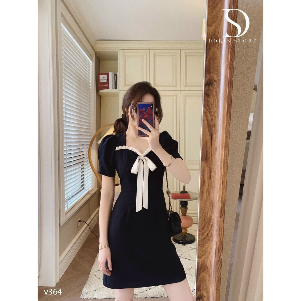 Đầm nữ kết nơ phối voan mềm màu đen | BigBuy360 - bigbuy360.vn