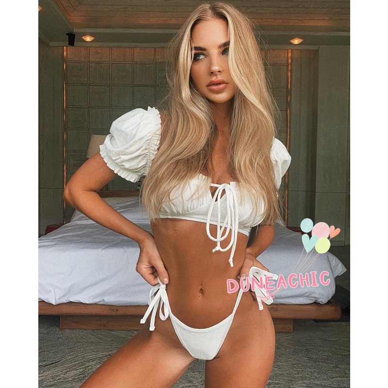 DUNEA Women's Solid Color Puff Sleeve Lace Split Swimsuit Bikini Set