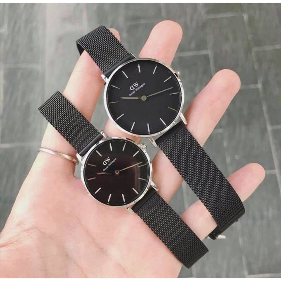 Đồng hồ d/W dây lưới đen viền bạc đủ size cho nam nữ