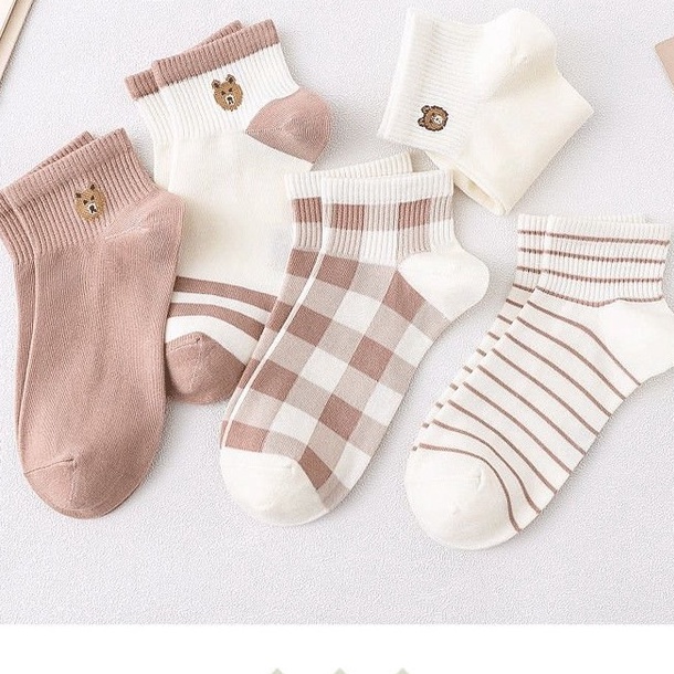 Túi 5 Đôi Tất Cổ Ngắn Họa Tiết Dễ Thương Nhiều Màu Vintage Chất Vải Cotton Thoáng Mát Khử Mùi