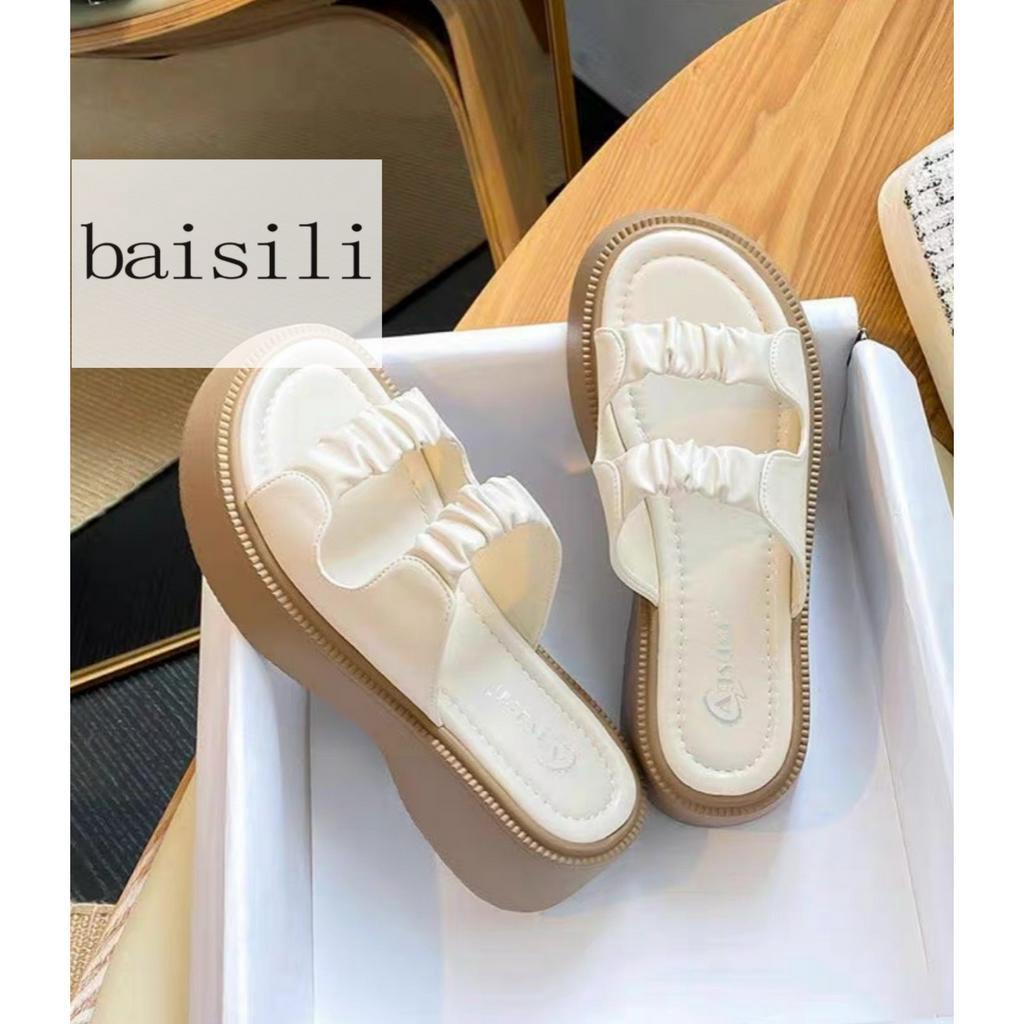 DÉP XUỒNG BAISILI - DÉP THỜI TRANG NỮ PHONG CÁCH NỮ TÍNH HAI QUAI NGANG NHÚM BÈO ĐẾ NÂU ĐỘN BD230315