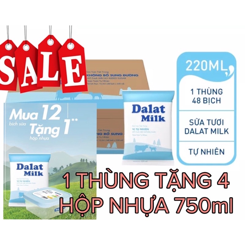 Tiệt trùng không đường bịch 220ml Dalatmilk date 10/2022 + 4 hộp nhựa 750ml