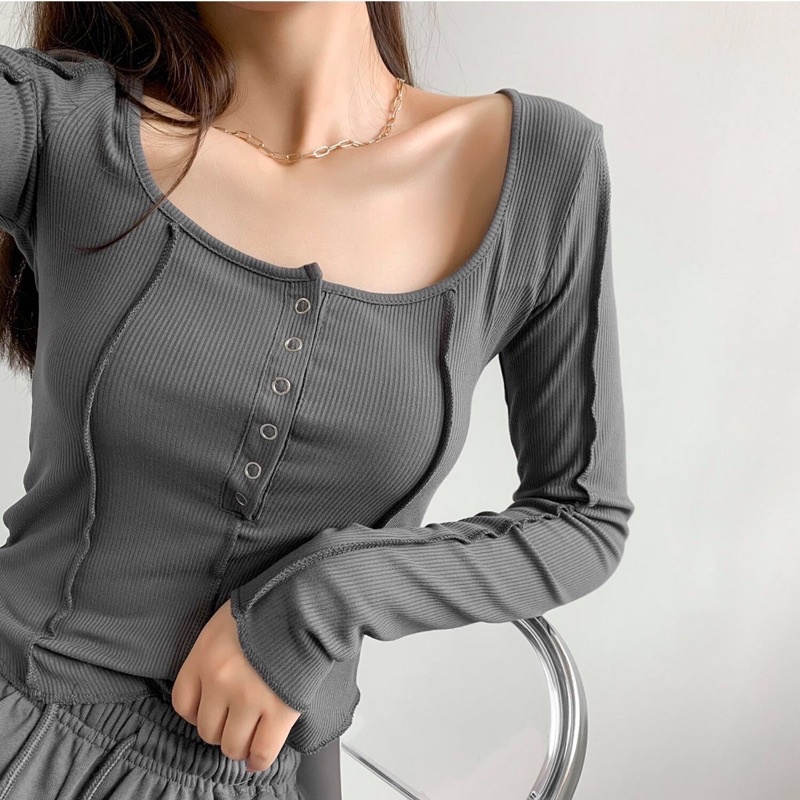 [HÌNH THẬT]  Áo Thun Gân Tăm Quảng Châu Áo Nút Bấm Body Tay Dài byChang + hình video CÓ LOGO là thật