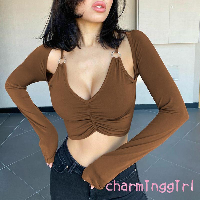 QAQ-Women´s Crop Tops Solid Color Deep V Neck Long Sleeves Cropped Navel Shirt Blouse