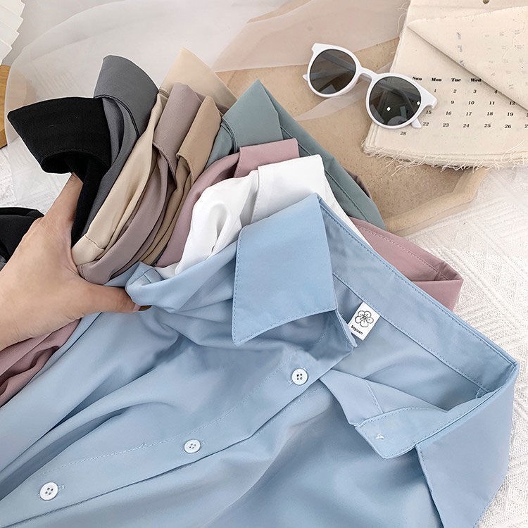Áo Sơ Mi Trơn Dáng Rộng Tay Dài Phong Cách Thời Trang