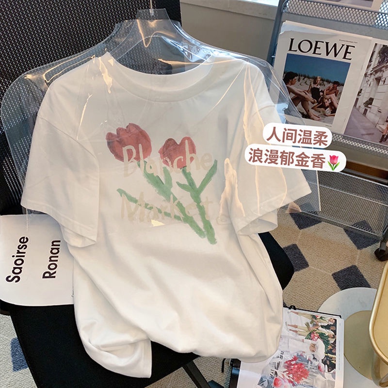 Áo Thun Cotton Cổ Tròn Tay Ngắn Màu Trắng Họa Tiết Hoa Hồng Phong Cách Mới Dành Cho Nữ