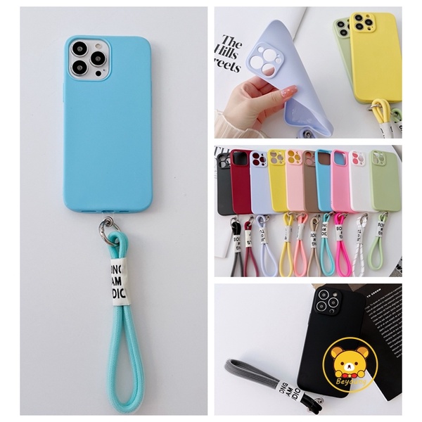 Ốp Điện Thoại Mềm Nhám Màu Macaron Đơn Giản Có Dây Đeo Cho iPhone 8 7 6 6s Plus SE 2022 2020