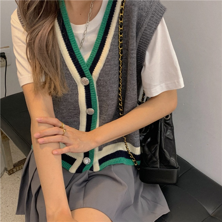 Áo khoác cardigan dệt kim không tay màu sắc tương phản thời trang mùa thu phong cách cho nữ