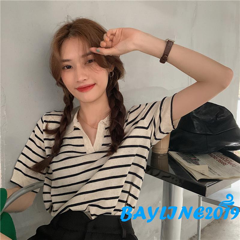 Áo Thun Polo Ngắn Tay Họa Tiết Sọc Ngang Quyến Rũ Dành Cho Nữ | BigBuy360 - bigbuy360.vn
