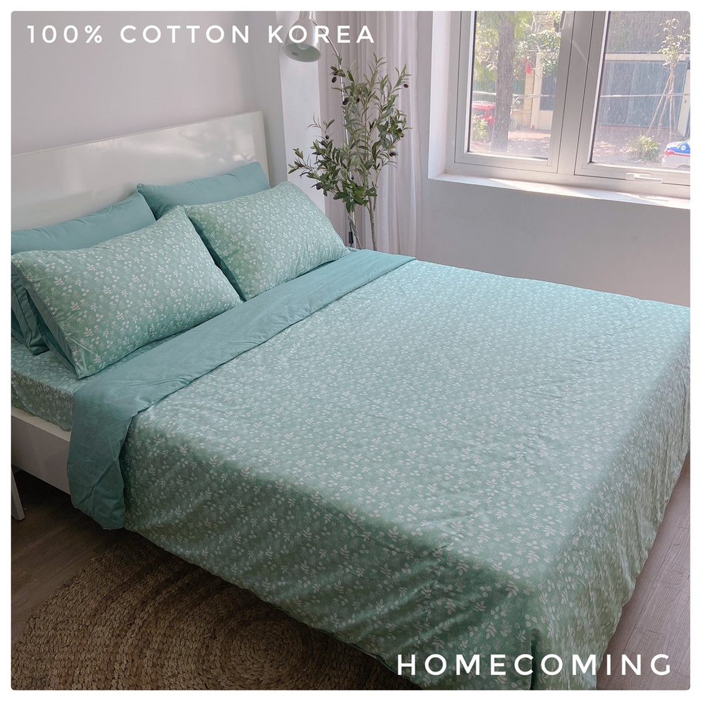 Bộ chăn ga gối cotton hàn xanh hoa nhí kích thước 1m6x2m/1m8x2m/2mx2m2 thương hiệu Homecoming