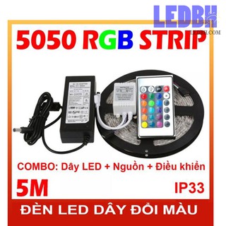 bộ đèn Led dây đổi màu RGB 5050 cuộn 5m – IP33 .Cả bộ: dây led + Nguồn + Điều khiển
