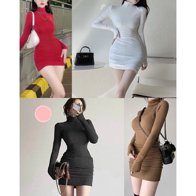 Đầm body cổ cao tay dài chất gân