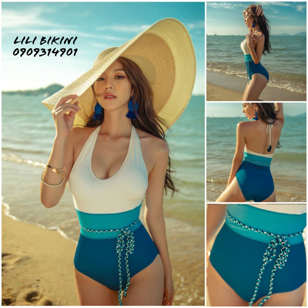 (Có sẵn, video, hình thật) Bikini một mảnh cột dây nơ eo, đồ bơi màu xanh | BigBuy360 - bigbuy360.vn