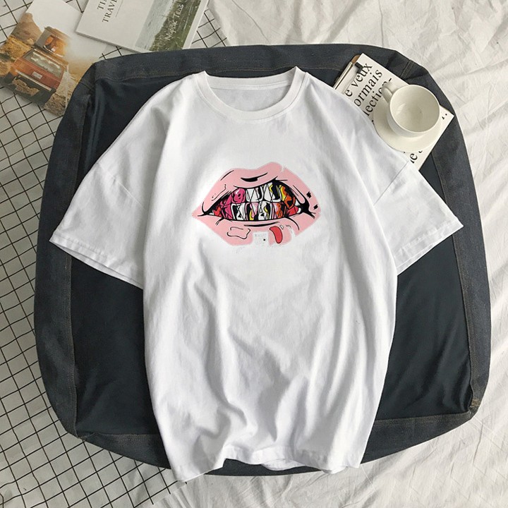 Follow Shop Săn Deal Hot Ngày 1/1 Áo Thun Nữ Tay Lỡ In Hình Cặp Môi Cá Tính ATN5147