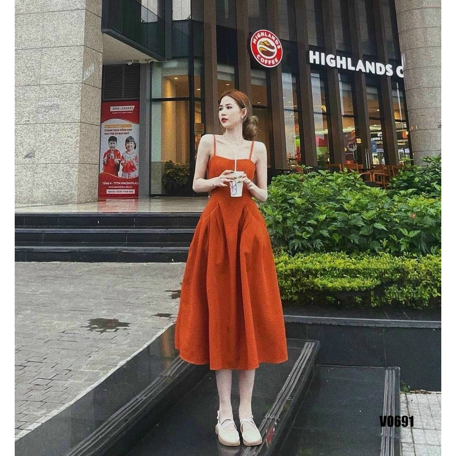 [8.8 Sales Freeship] Đầm cam 2 dây dáng xòe dài, đầm maxi cúp ngực 2 dây đi biển, sống ảo xinh xắn dx
