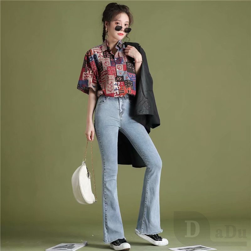 Daduhey Quần Jeans Nữ Lưng Cao Ống Loe Plus Size