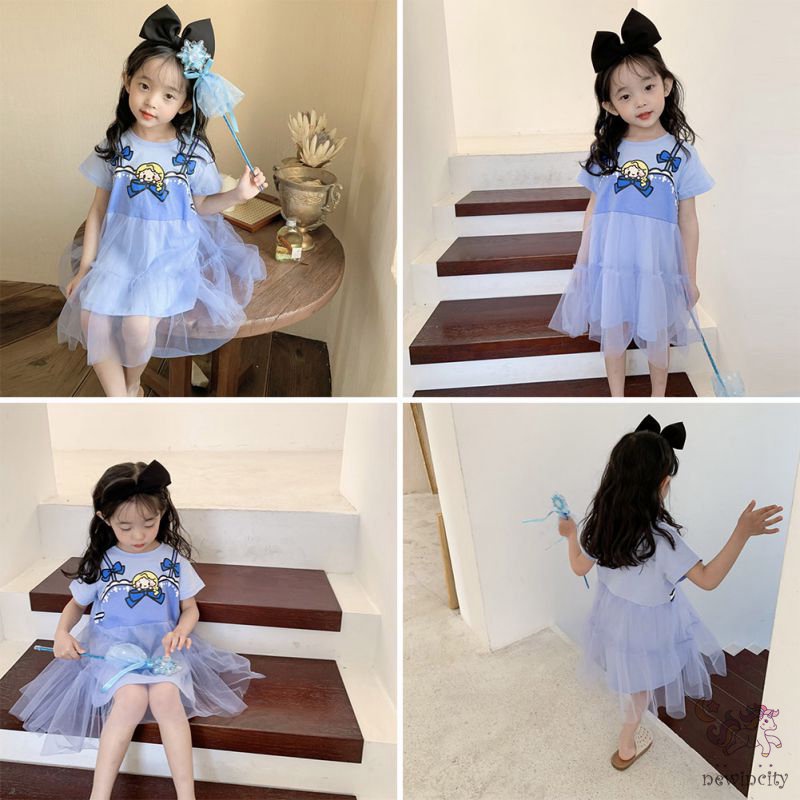 Đầm Cotton Ngắn Tay In Họa Tiết Hoạt Hình Thời Trang Mùa Hè Hàn Quốc Cho Bé Gái