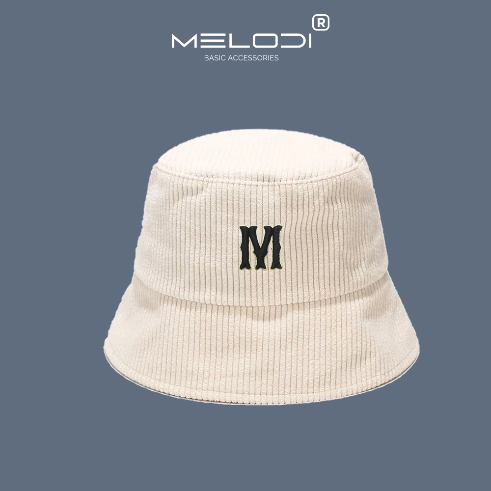 Nón bucket nhung gân vành cụp thêu logo brand Melodi , mũ bucket nhung thêu chữ M