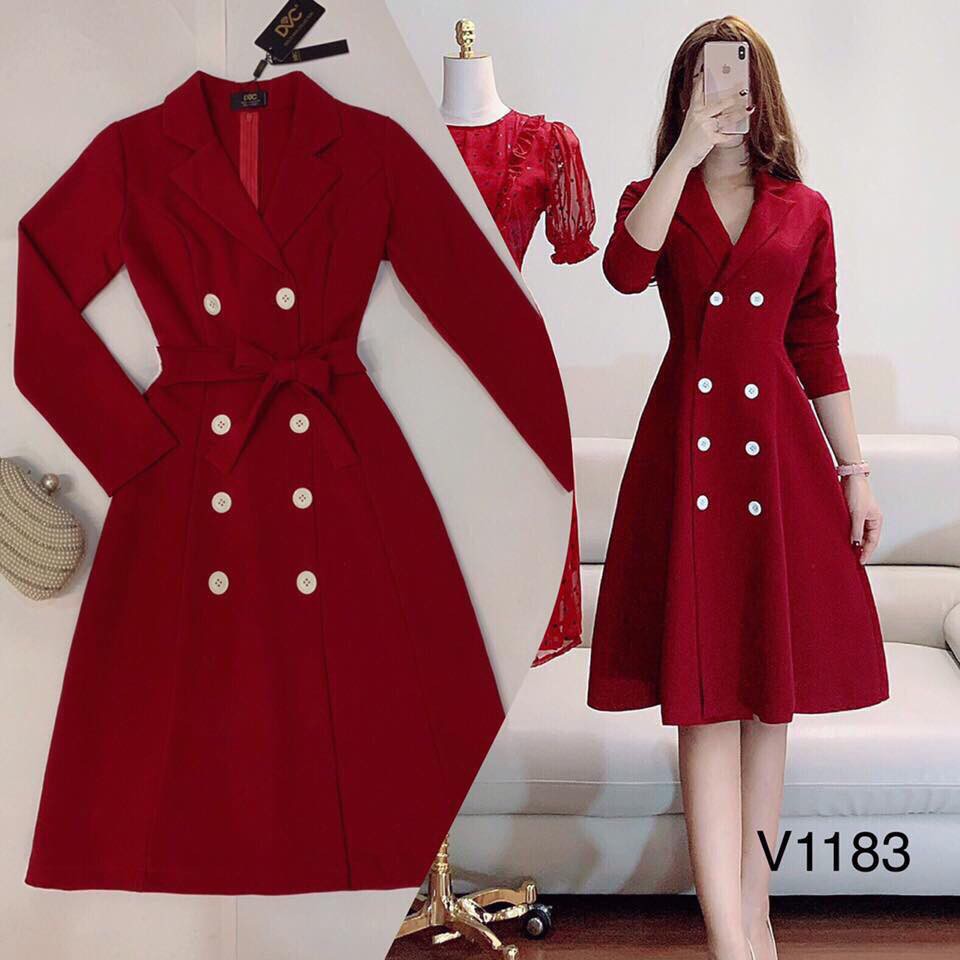 Đầm đỏ dáng vest cao cấp phối nút D01 Chất kaki thái