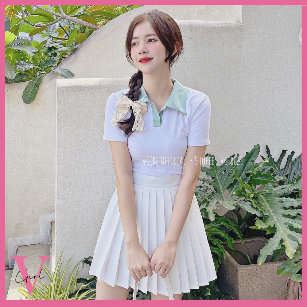 Áo polo nữ VGIRL dáng croptop ôm tay ngắn, thân trắng cổ nhiều màu pastel, chất thun cotton [ẢNH ĐỘC QUYỀN]
