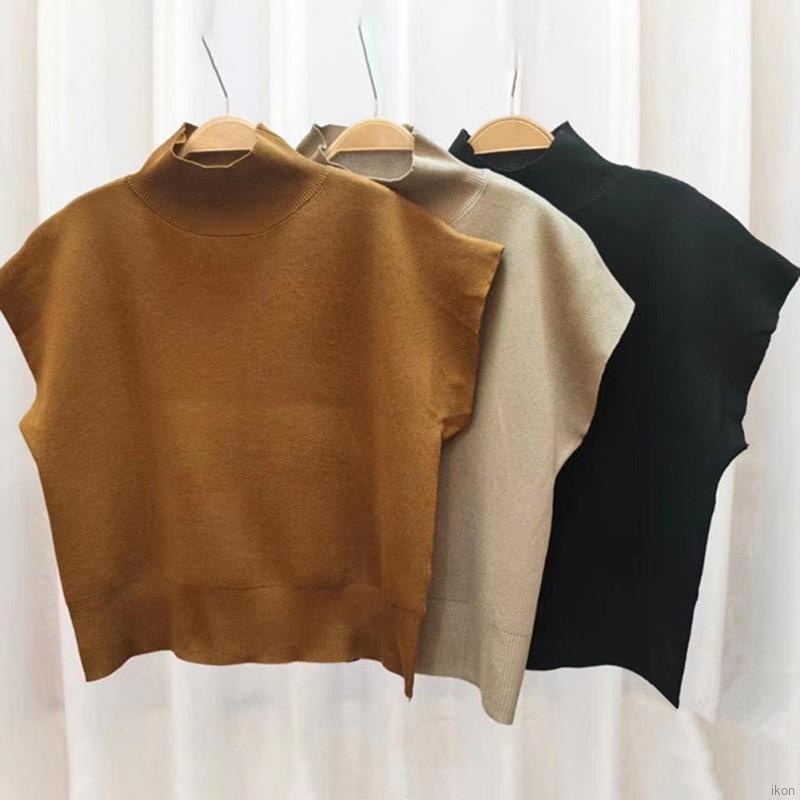 Áo kiểu mặc chui đầu tay ngắn cổ lọ màu trơn phong cách vintage thời trang