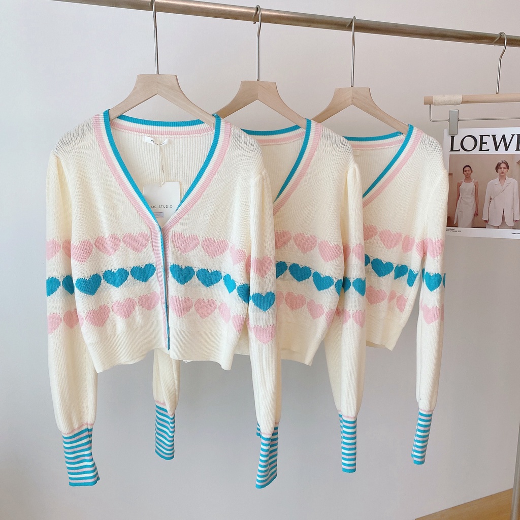 Áo Khoác Cardigan Dệt Kim Tay Dài In Hình Trái Tim Phong Cách Hàn Quốc Thời Trang